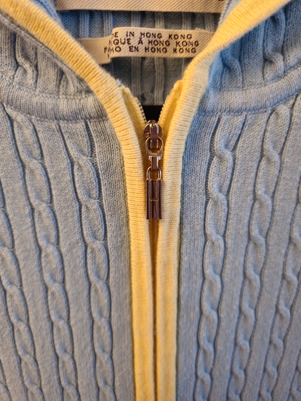 Tommy Hilfiger Light Blue Zip-Up Cable Knit Hoodie with Yellow Trim - Picture 4 of 10